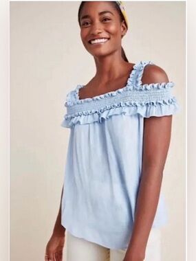 Anthropologie Finn Smocked Stretch Cold Off Shoulder Ruffle Tank Baby Blue S